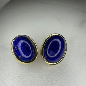 Christian Dior Gold Tone‎ Grose Glass "Lapis Lazuli" Cabochon Clip On Earrings